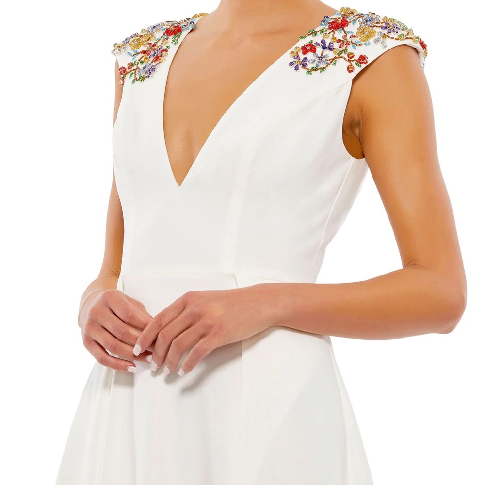 SOLD - NWT Mac Duggal Midi White Dress with Colorful cap-sleeved Embellishments